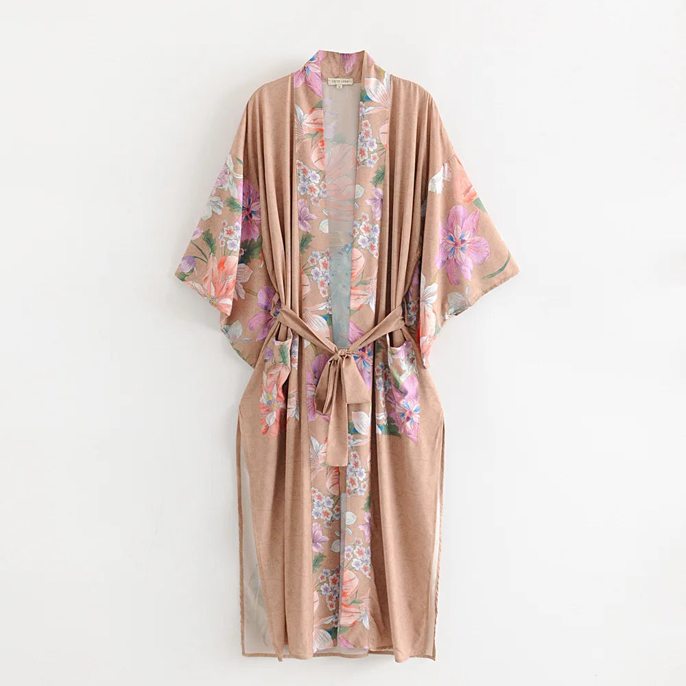 Happie Queens Vintage Peacock Floral Print  Women Bohemian V Neck Batwing Sleeves Ladies Boho Kimono Robe Cover-ups