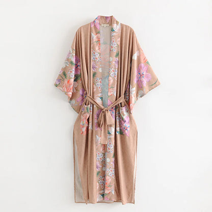 Happie Queens Vintage Peacock Floral Print  Women Bohemian V Neck Batwing Sleeves Ladies Boho Kimono Robe Cover-ups