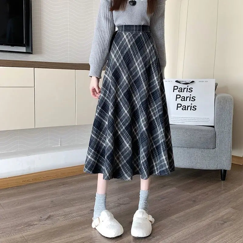 Coffee Wool Plaid Skirt for Women with High Waist Slim Skirt for A-line Midi-length Umbrella Skirt