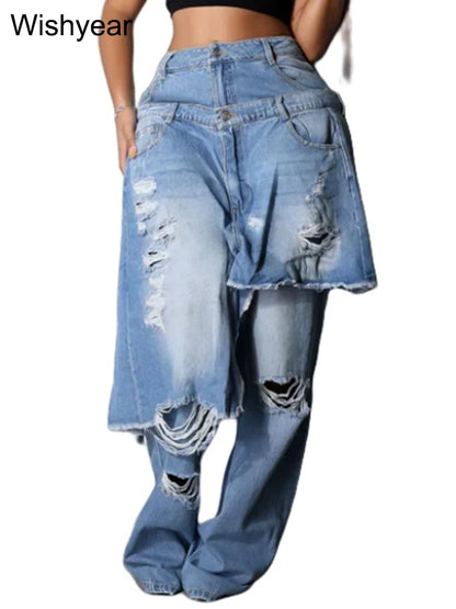 Casual Blue Stretch Denim Jeans with Apron Perforated Straight Wide Leg Trousers for Women Autumn Winter Streetwear Y2K Style