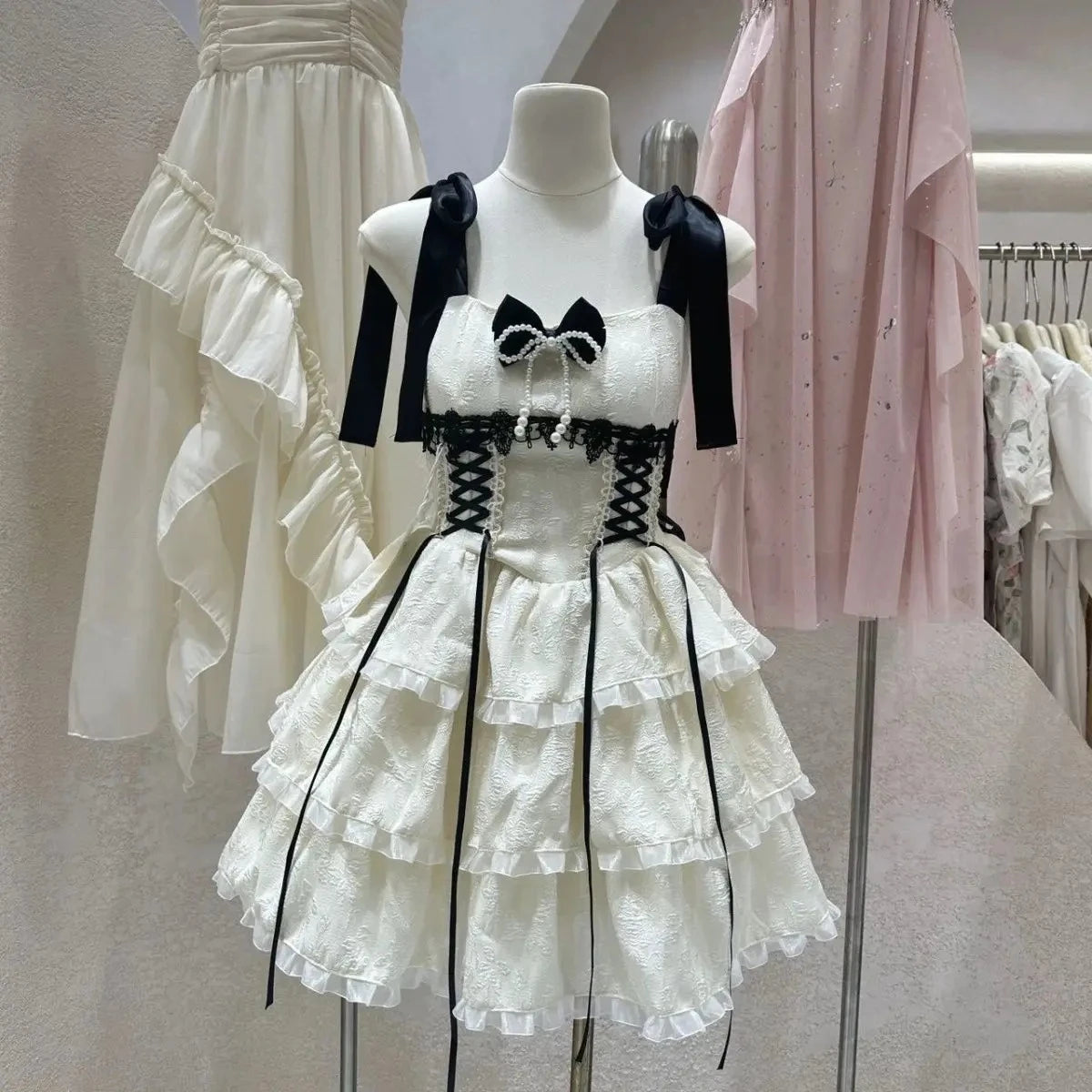 Summer Japanese Style Kawaii Lolita Dress Women Vintage Sweet Lace Bow Ruffles Cake Dresses Harajuku Y2k Slim Bandage Dress