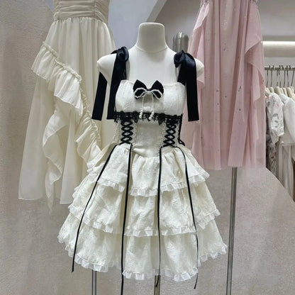 Summer Japanese Style Kawaii Lolita Dress Women Vintage Sweet Lace Bow Ruffles Cake Dresses Harajuku Y2k Slim Bandage Dress