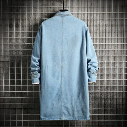 2025 Spring Men Denim Jacket Men Loose Mid-Length Denim Casual Coat Male Turn-Down Collar Trenchcoat Korean Fashion Outerwear