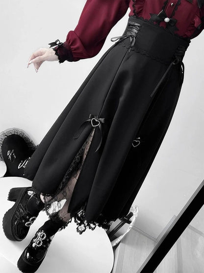 Japanese Lolita Lace Patchwork Skirts Women Summer New Slim High Waist Midi  Black Skirts Gothic Vintage Bandage Skirt Hot Girls