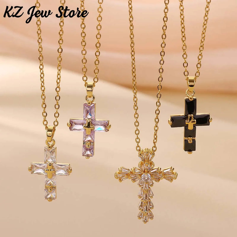 Lucky Cross CZ Cubic Zircon Necklace For Women Gold Color Stainless Steel Waterproof And Tarnish Resistant Jewelry Ramadan Gift