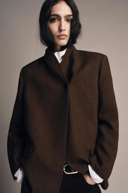 Fashion Solid Color V-neck Stand Collar Suit Jacket Women Single Breasted Long Sleeved Short Coat Lady Daily Casual Outwear New