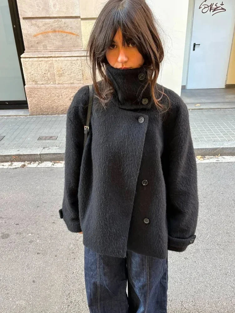 Women Fashion Solid Woolen Coats Casual High Neck Full Sleeve Single Breasted Loose Cropped Coat Lady Street Leisure Outerwear