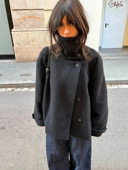 Women Fashion Solid Woolen Coats Casual High Neck Full Sleeve Single Breasted Loose Cropped Coat Lady Street Leisure Outerwear