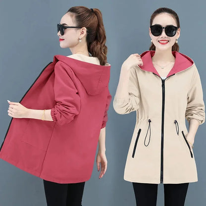 2024 New Autumn Women's Jacket Double-sided Windbreaker Female Long Sleeve Jackets Hooded Casual Basic Coat Loose Outerwear 4XL