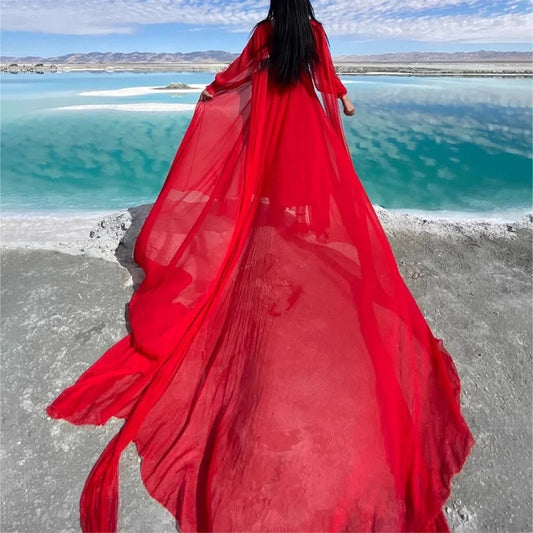 2026 Spring/Summer Silk Dress with Charm Seaside Vacation Beach Dress Red Extra Long Tailed Long Dress White Elegant And Gracefu