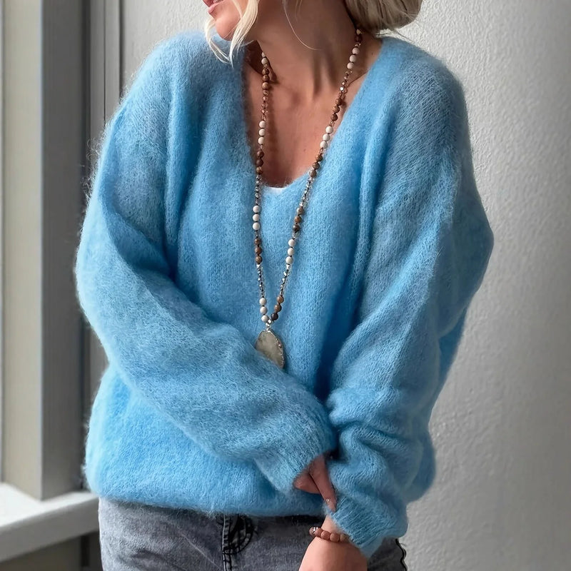 Autumn Elegant V-neck Soft Sweater Tops Women's Causal Long Sleeve Solid Color Knitted Blouse Winter Fashion Loose
