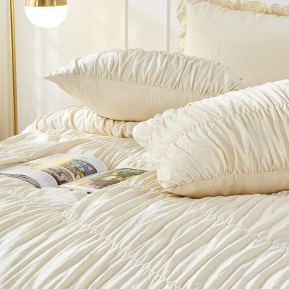 Ruched Comforter Luxury Pinch Pleat Bedding Set, Ultra Soft Washed Cotton Boho Quilt Set with Ruffled Pillow Shams 3-Piece