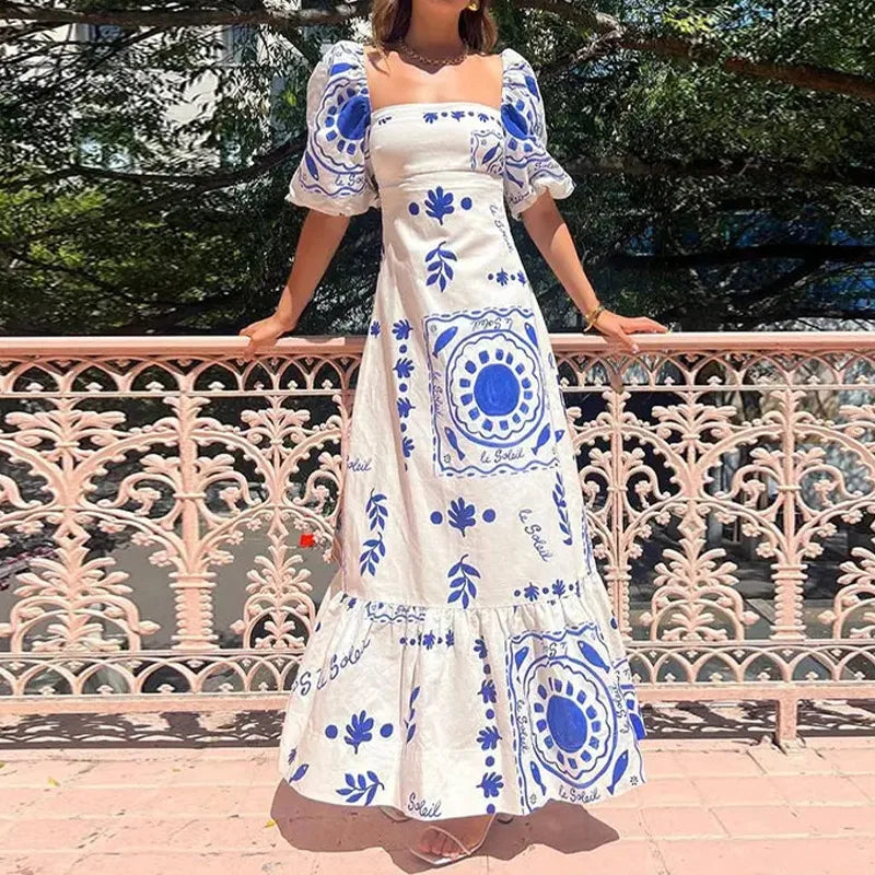 Fashion Splicing Pleated Print Women's Maxi Dress Summer Short-sleeve Square Neck Slim Party Women Holiday Oversized Dresses
