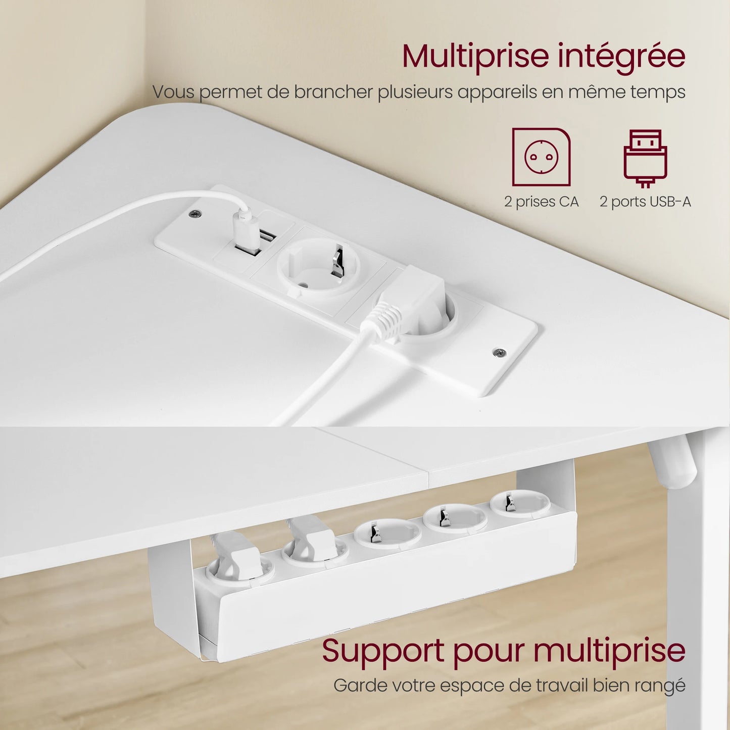 Electric Height Adjustable Desk, 140 x 160 cm, with Power Strip, 2 Height Memory Function, Cloud White/Rustic Brown