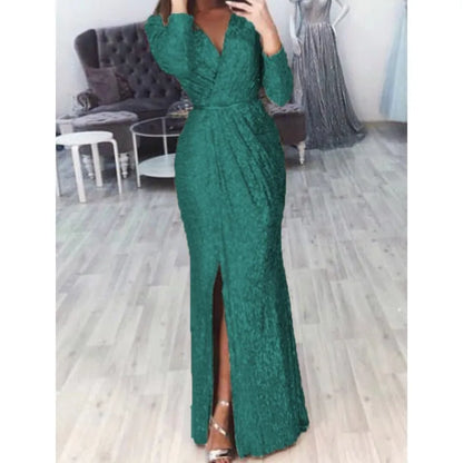Women's Sequin High Slit Party Dresses Ruched Evening Glitter Dress Deep V Neck Long Sleeve Vestidos 2025 Autumn Female New Robe