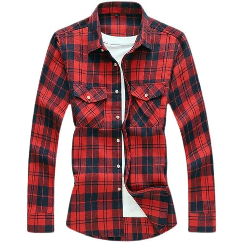 2026 New Men's Long Sleeved Plaid Shirt, with Two Chest Pockets Single Breasted Lapel Cotton Shirts Big Size Male Top Chemise