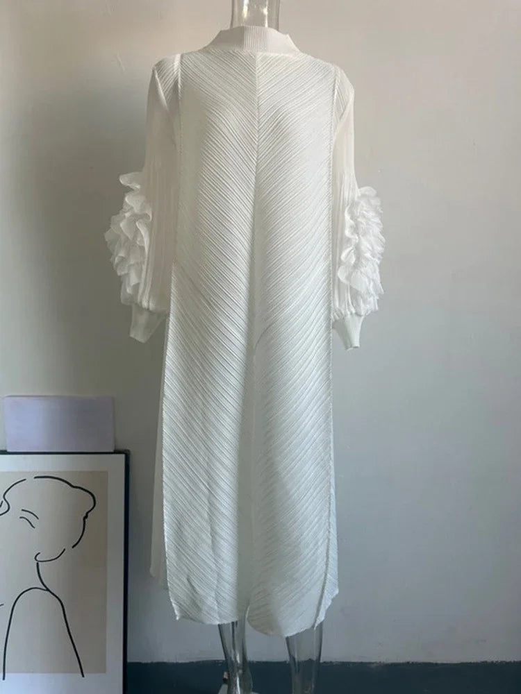 YUDX High Quality Maxi Miyake Pleated Dress Round Neck Spliced Fungus Full Sleeve Dresses For Women 2025 New Spring Clothing
