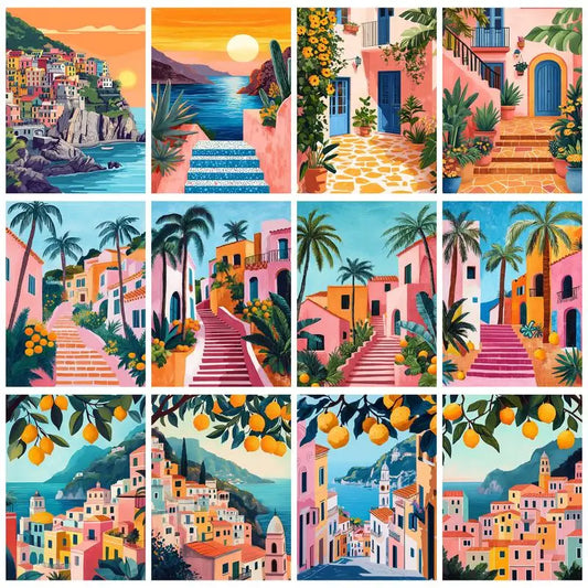 PhotoCustom Painting By Numbers Colorful Town Wall Art Handiwork Paint Crafts Landscape Picture For Bedroom Home Decor