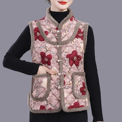 5XL Middle-aged Mother Vest Autumn Winter New Printed Fleece Vest Coat Female Sleeveless Jacket Grandma Thicken Warm Waistcoat