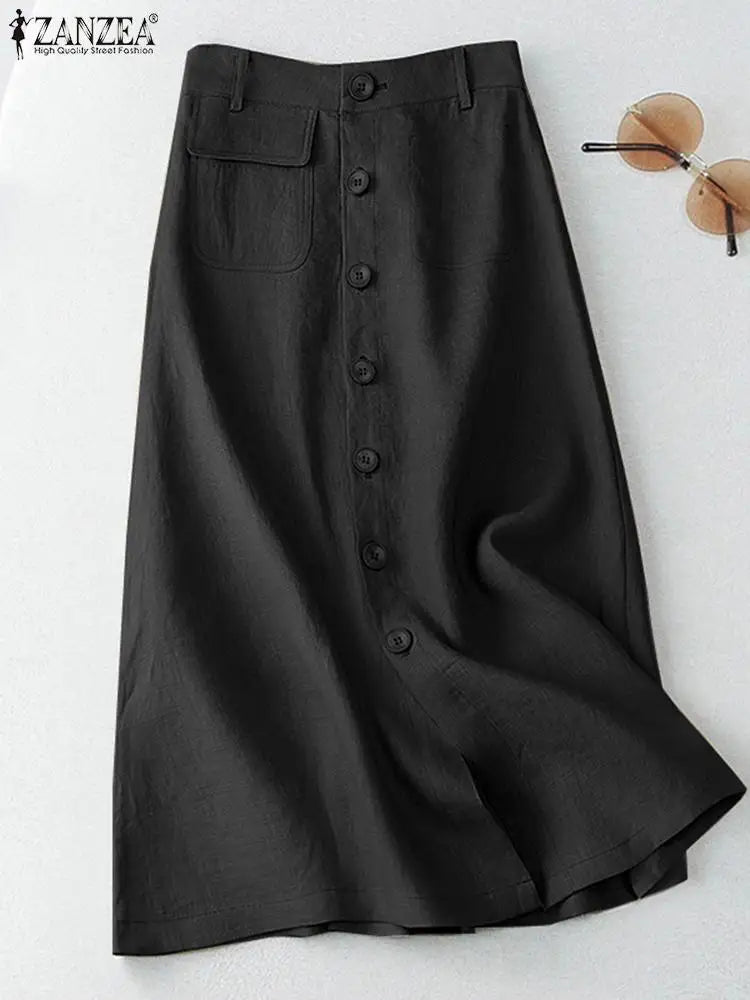 ZANZEA Women Casual Button Up A-line Skirts Summer Spring Cotton Midi Skirts Elegant High Waist Mujer Solid Temperament Faldas