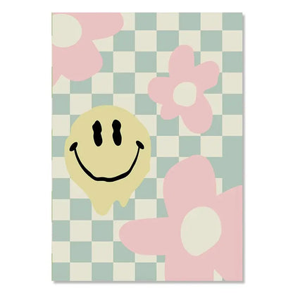 Colorful Danish Pastel Canvas Painting Aesthetic Poster Cherry Plaid Smiley Flower Butterfly Print Wall Art Nursery Home Decor