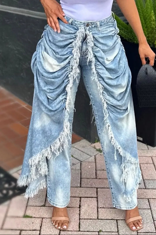 Daily Blue Pocket Ruched Frayed Trim Casual Contrast Denim Jeans High Street Vintage Casual Asymmetric Denim Trousers for Women