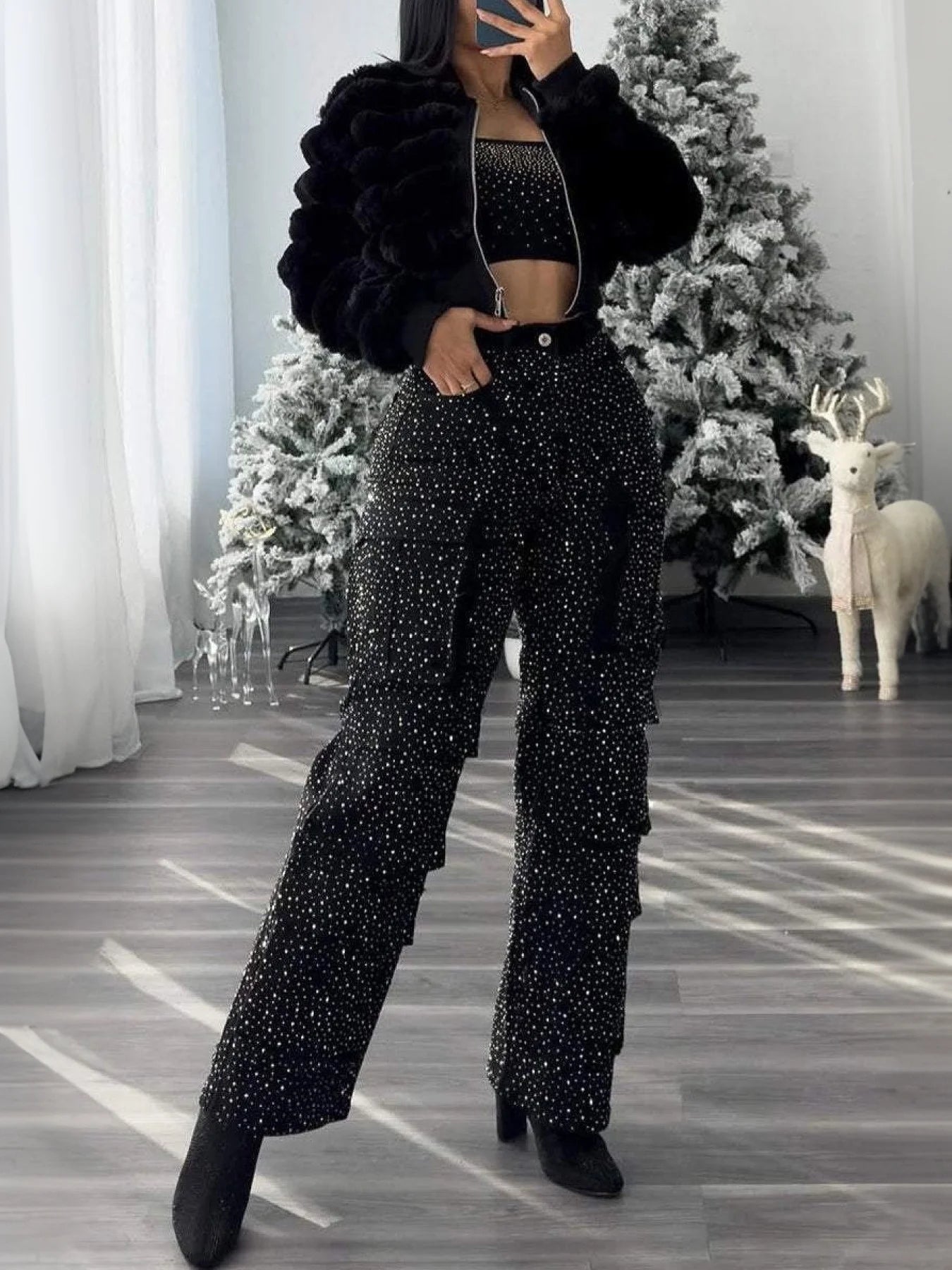2025 New High Waist Black Rhinestone Multi-Pocket Work Jeans, Street Style, High Quality Fashionable Straight Jeans, a Must-Have.