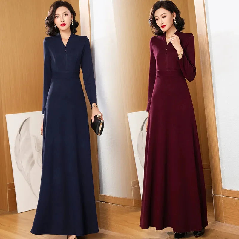 New Spring Autumn Dress Fashion Loose Long Sleeve A-line Dress Women Long Dresses Middle Aged Mother Fashion Dress