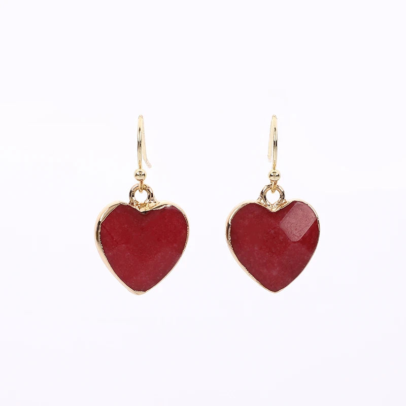 Peach Heart Earrings Natural Stone Earrings Women's Heart Gold Plated Edging Jade Earrings Gifts