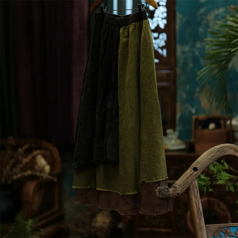 Johnature Women Vintage Patchwork Linen A-Line Skirts Elastic Waist Green 2025 Autumn Chinese Style Women High Quality Skirts