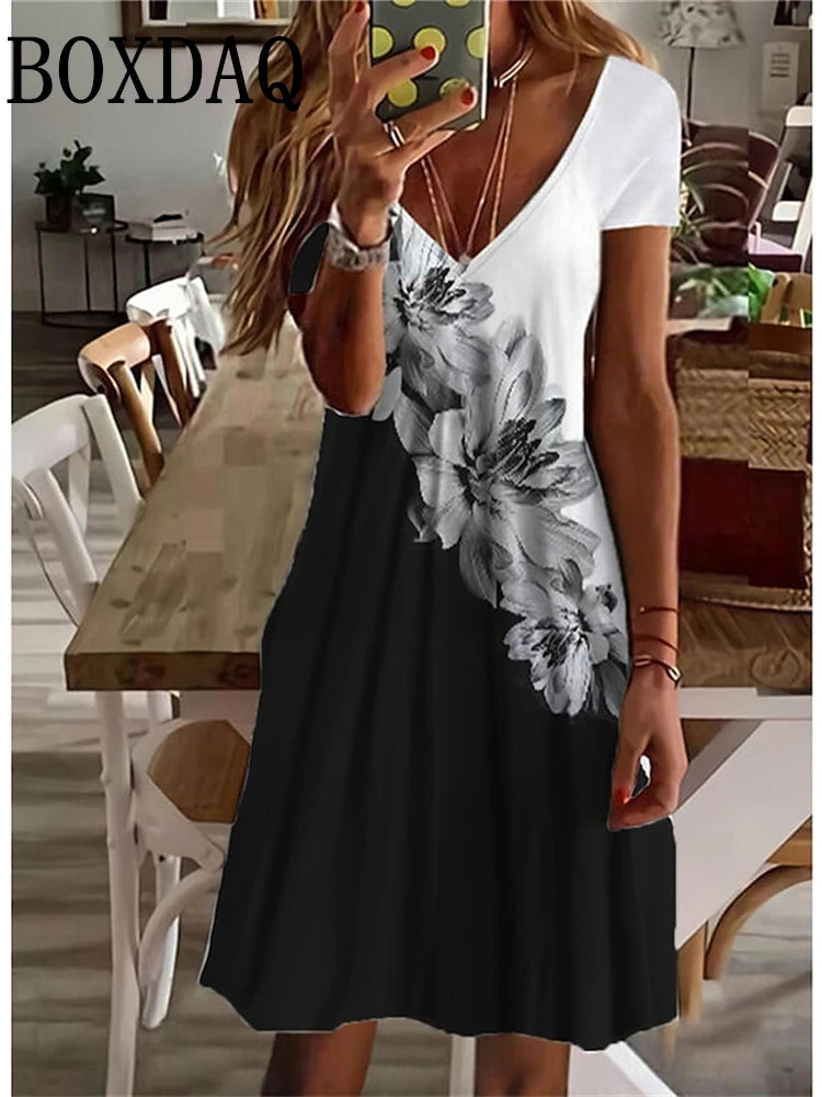 Women's Sundress Midi Dress Short Sleeve Floral Print Summer Casual V Neck Loose Dresses Plus Size 2024 Female Clothing Vestidos