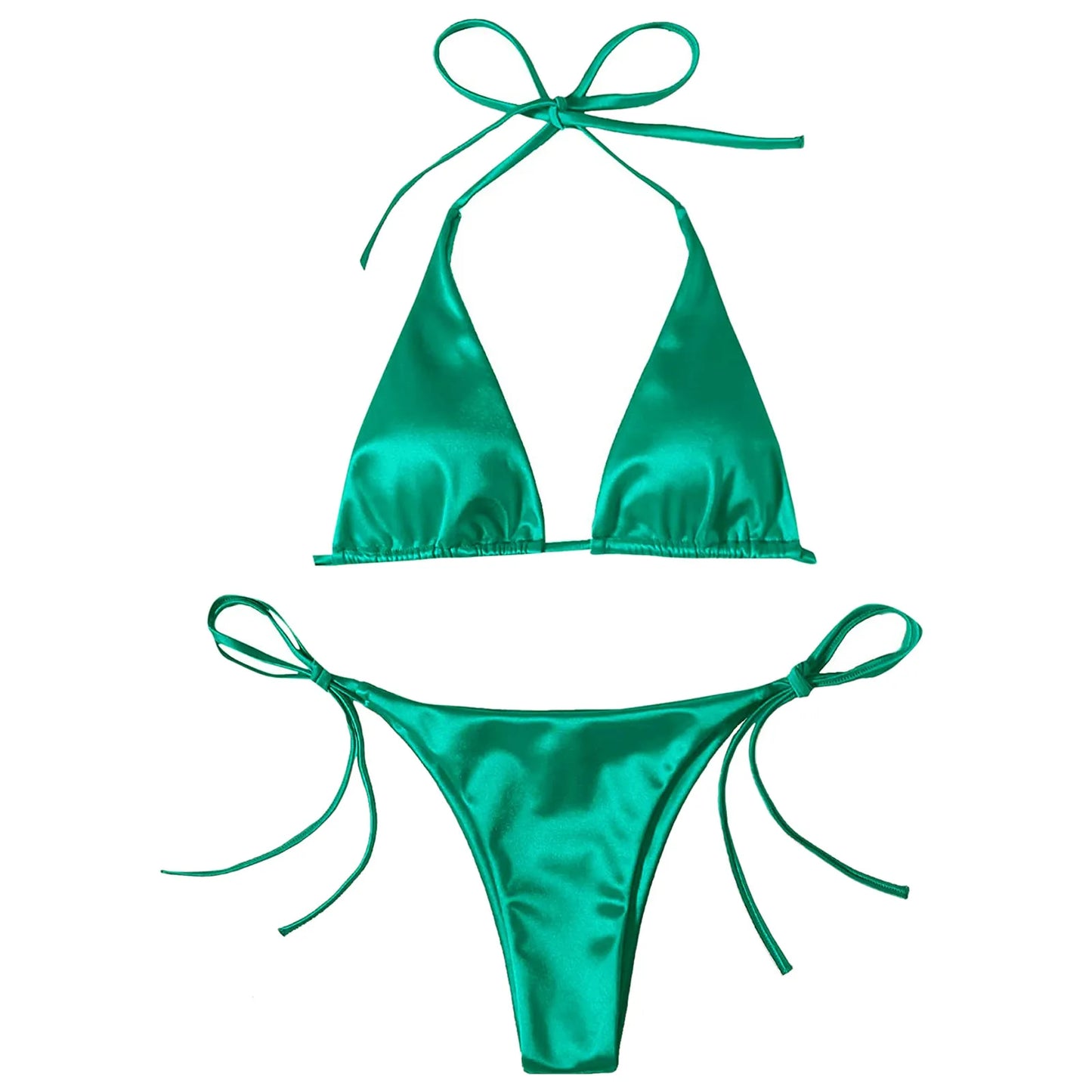 Brazilian Bikini Set Women Halter Neck Triangle Cup Swimwear Low Waist Satin Bandage Bikini Swimwear Summer Beach Bathing Suit