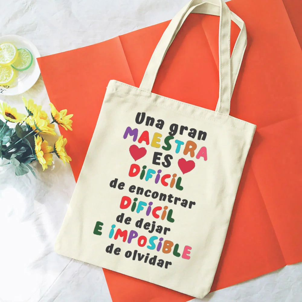 Spanish Printed Women Tote Bag Canvas Shopping Bags Female Travel Shoulder Bag Casual Handbag Graduation Thanks Gift for Teacher