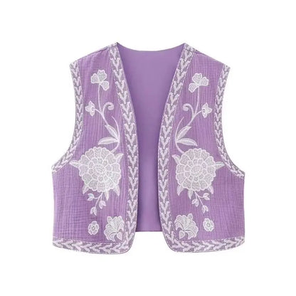 Women's Vintage Floral Embroidered Open Waist Coat Casual Vacation Crop Top National Style Vest Jacket for Ladies