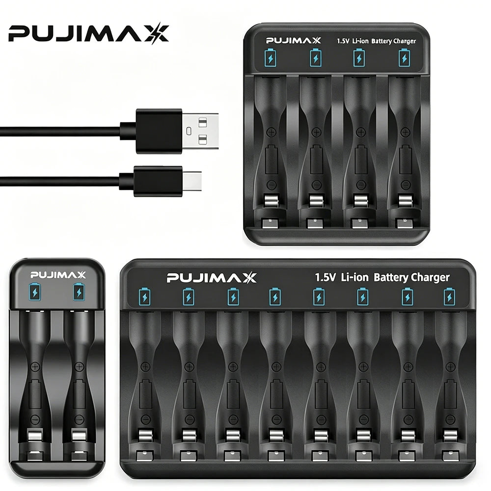 PUJIMAX 2/4/8-slot Battery Charger for 1.5V AAA/AA Li-on Rechargeable Battery Short Circuit Protection LED Display USB Charger