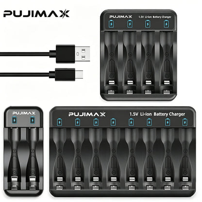 PUJIMAX 2/4/8-slot Battery Charger for 1.5V AAA/AA Li-on Rechargeable Battery Short Circuit Protection LED Display USB Charger