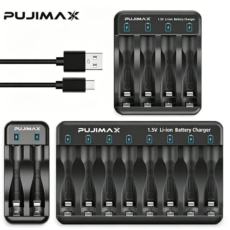 PUJIMAX 2/4/8-slot Battery Charger for 1.5V AAA/AA Li-on Rechargeable Battery Short Circuit Protection LED Display USB Charger