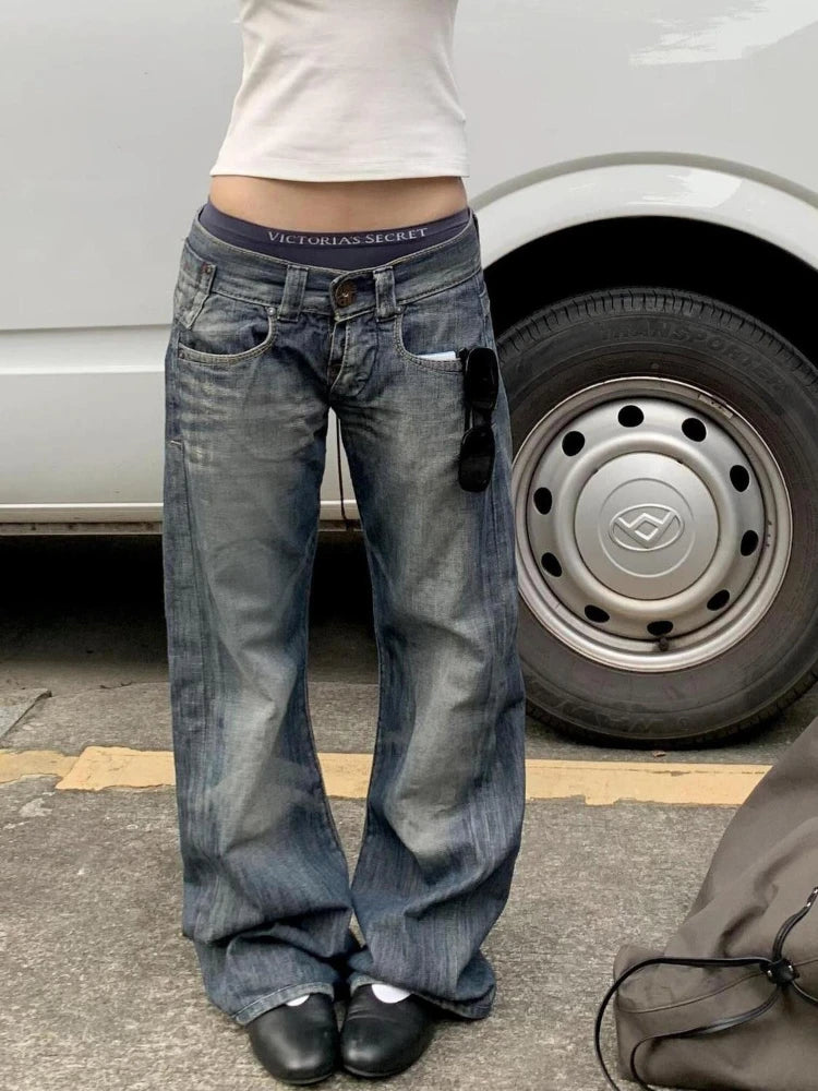 Deeptown Blue Vintage Y2k Women Jeans Wash Harajuku Low Waist Japanese 2000s Style Denim Pants Baggy American Streetwear Autumn