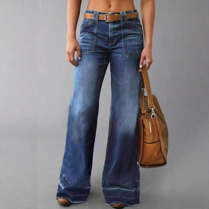 Jeans Women Denim Flare Pants Stretch High Waist Pockets Washed Distressed Floor Length Streetwear 2025 Boot Cut Trousers