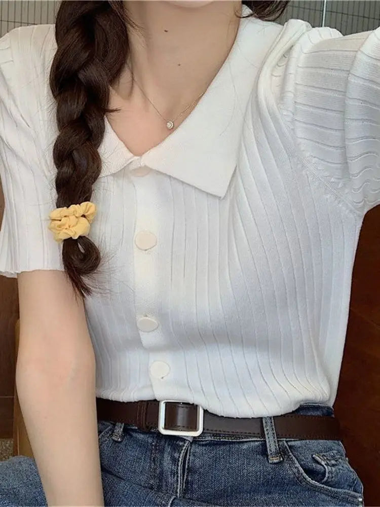 Cardigan Women Solid Short Sleeve Knitted Turn-down Collar Summer Casual All-match Tops Slim Button Up Students Korean Style