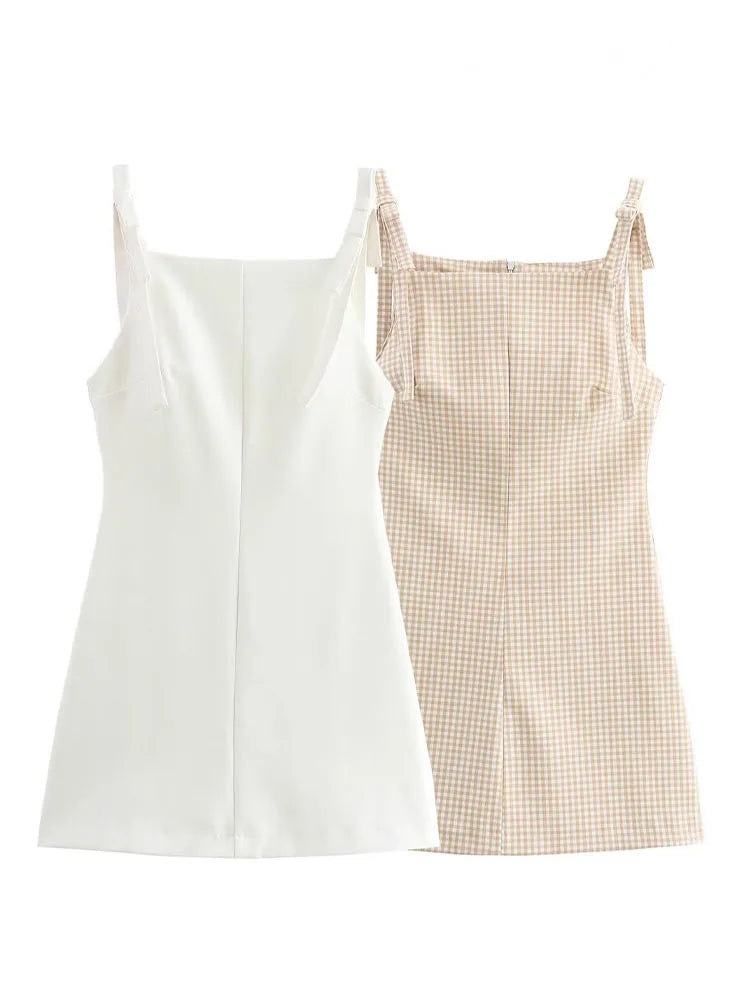 HH Woman Bow Strap Decoration Square Collar Sleeveless Back Zipper Sling Dresses Summer 2025 Female High Street Mini Dress