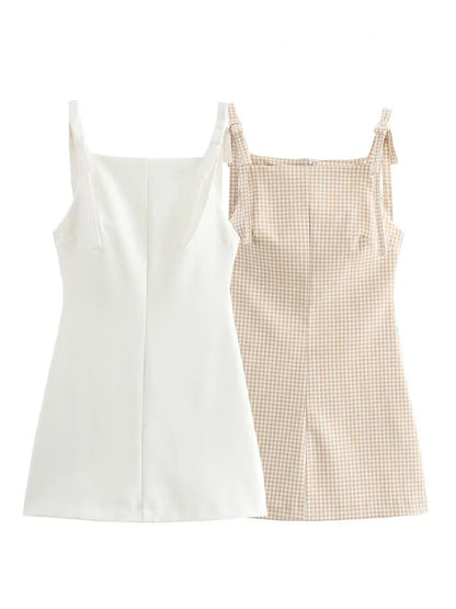 HH Woman Bow Strap Decoration Square Collar Sleeveless Back Zipper Sling Dresses Summer 2025 Female High Street Mini Dress