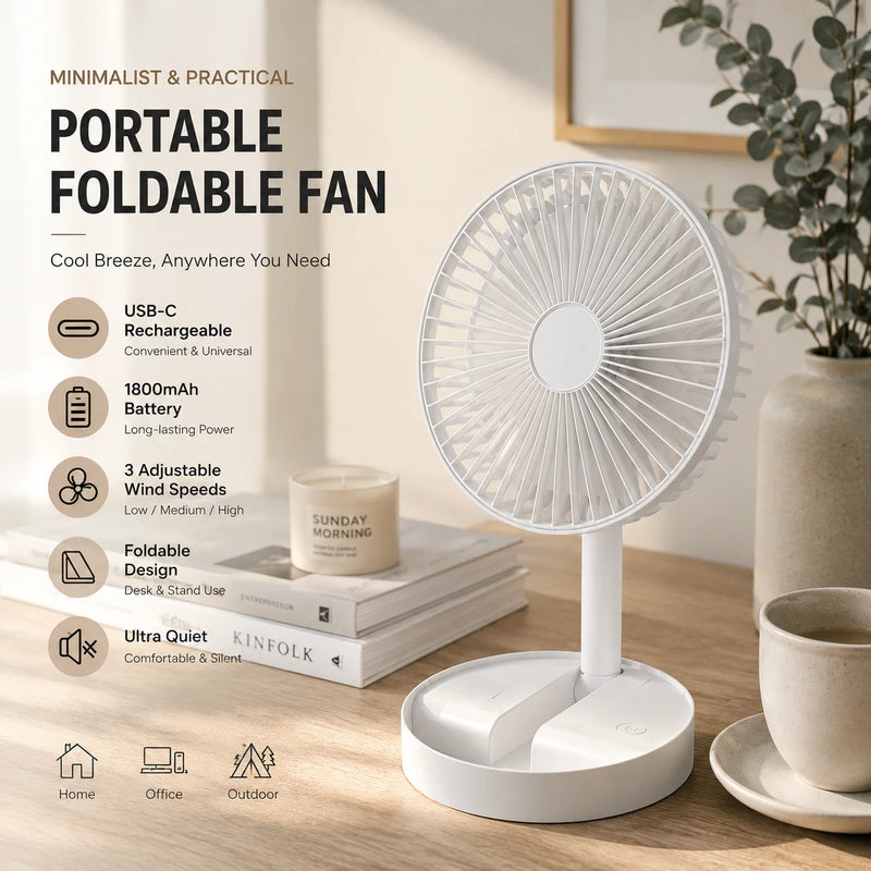 Portable Foldable Desktop Fan USB C Rechargeable 1800mAh Battery 3 Speed Ultra Quiet Fan for Home Office Bedroom Dorm Mini Fan