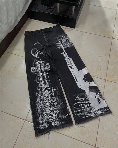 New Cyberpunk Jeans Mens American Y2K Red Graphic Street Goth Baggy Wide-Leg Pants Harajuku Hip-Hop Straight Pants
