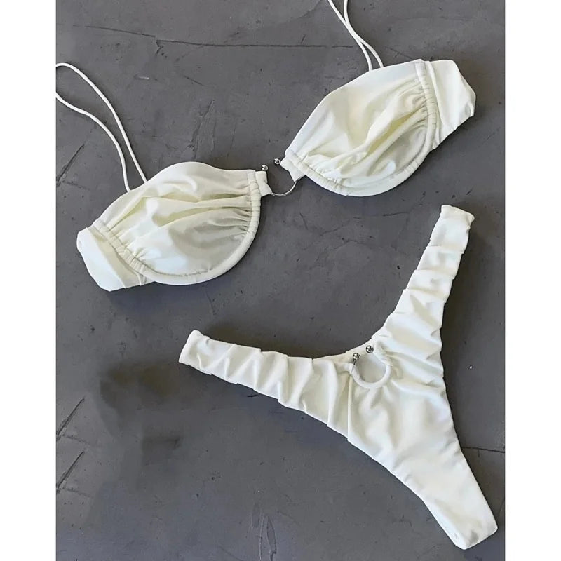 Fashion Micro Bikini Women Swimsuit Sexy Ring Buckle Ruched Bikini Set Swimwear Summer 2025 New Bathing Suit Beachwear Two Piece