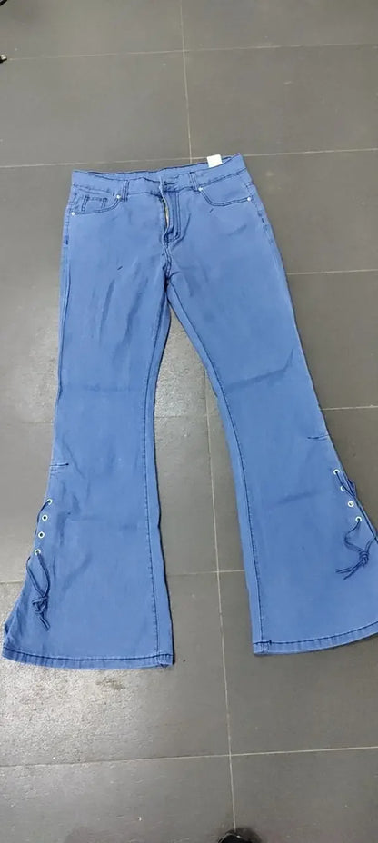 Full Length Flare Pants Women Jean Washed Denim Pants Zipper Fly Loose Fit Pockets High Waist Basics Lace Up Vintage Solid