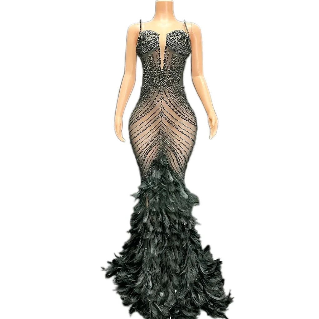 Luxury Pearls Grand Feather Sexy Floor-Length Dress Evening Party Performance Costume Bar Nightclub Singer Dancer Stage Wea