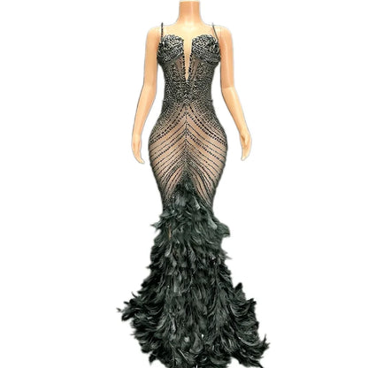 Luxury Pearls Grand Feather Sexy Floor-Length Dress Evening Party Performance Costume Bar Nightclub Singer Dancer Stage Wea