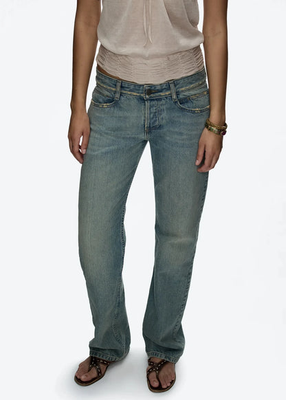 tank Vintage Blue Washed and Distressed Denim Jeans Low Waist Slim Fit Straight Leg Pants