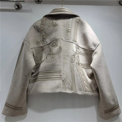 HKSH Autumn Winter New Women Short Woolen Jacket Heavy Embroidery Patchwork Contrast Color Zipper Streetwear Trendy Coat HK12891